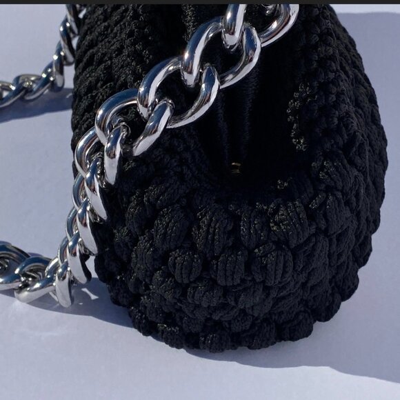 Small Black Crochet Handmade Shoulder Bag Silver Chain Everyday Minimalist Purse - Picture 4 of 6